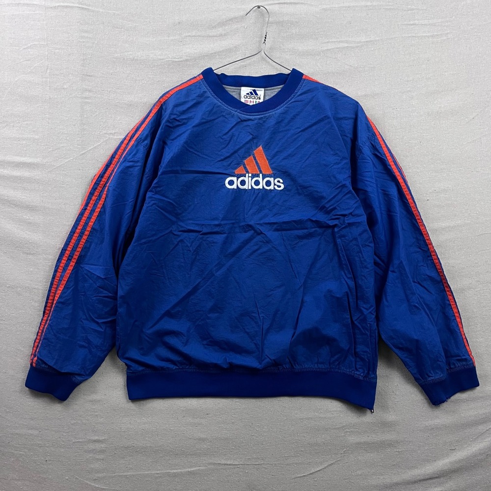 Adidas Windbreaker Pullover Mens Large Blue Orange 3 Stripe Vintage 90s Crewneck